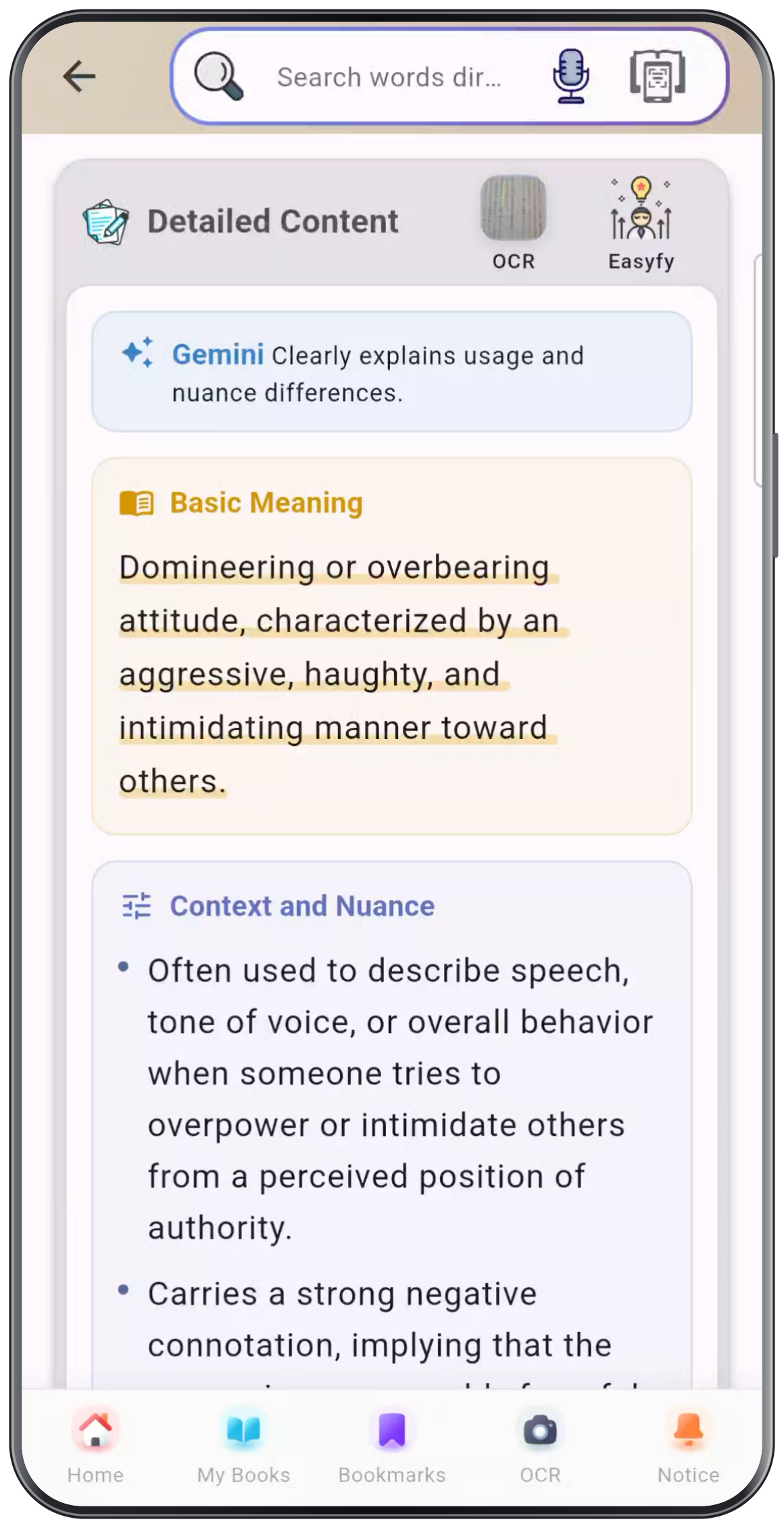 DuraRing’s context and nuance explanation, showing the meaning of 居丈高 and its overbearing, intimidating tone.