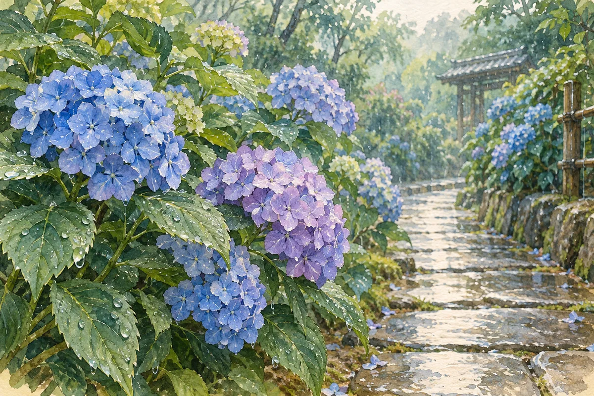 비에 젖은 돌길 옆에 파랑과 보라 수국이 핀 그림.
