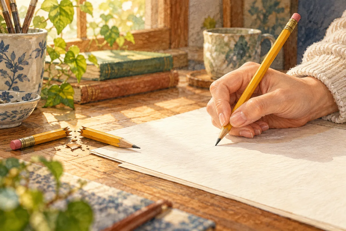 A hand using a replacement pencil with a broken one set aside.