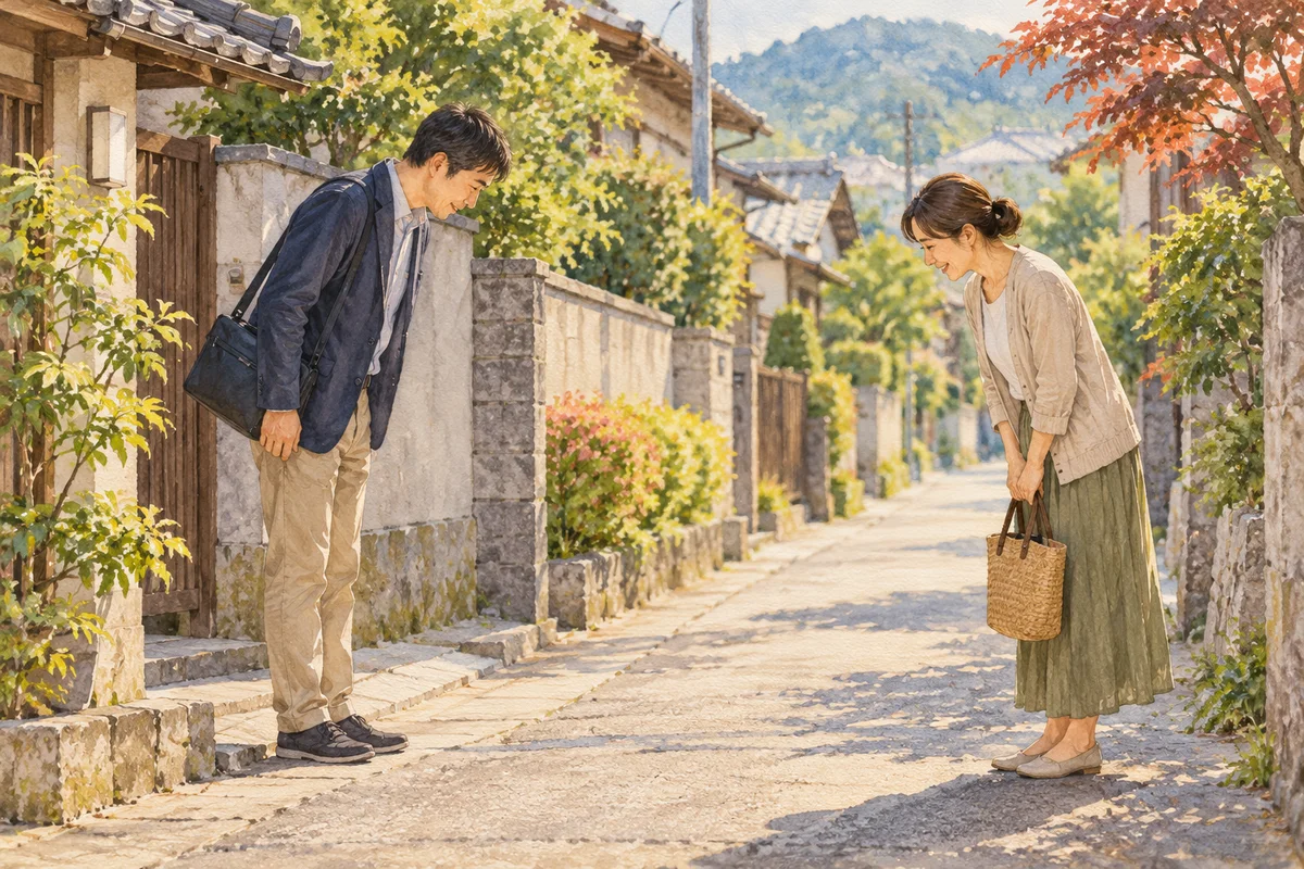 주택가에서 지나치는 두 사람이 가볍게 고개를 숙여 인사하고 있다.