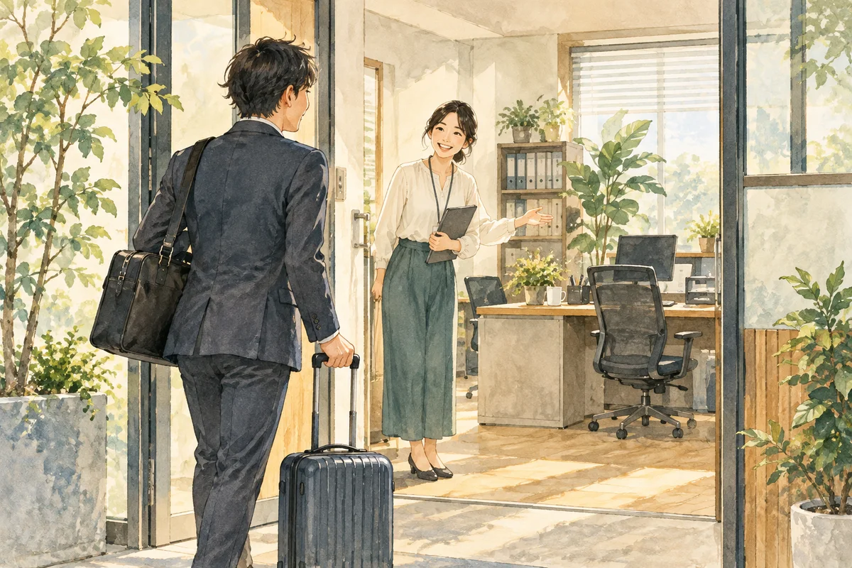 A professional carrying a work bag and small suitcase is welcomed at a new office branch.