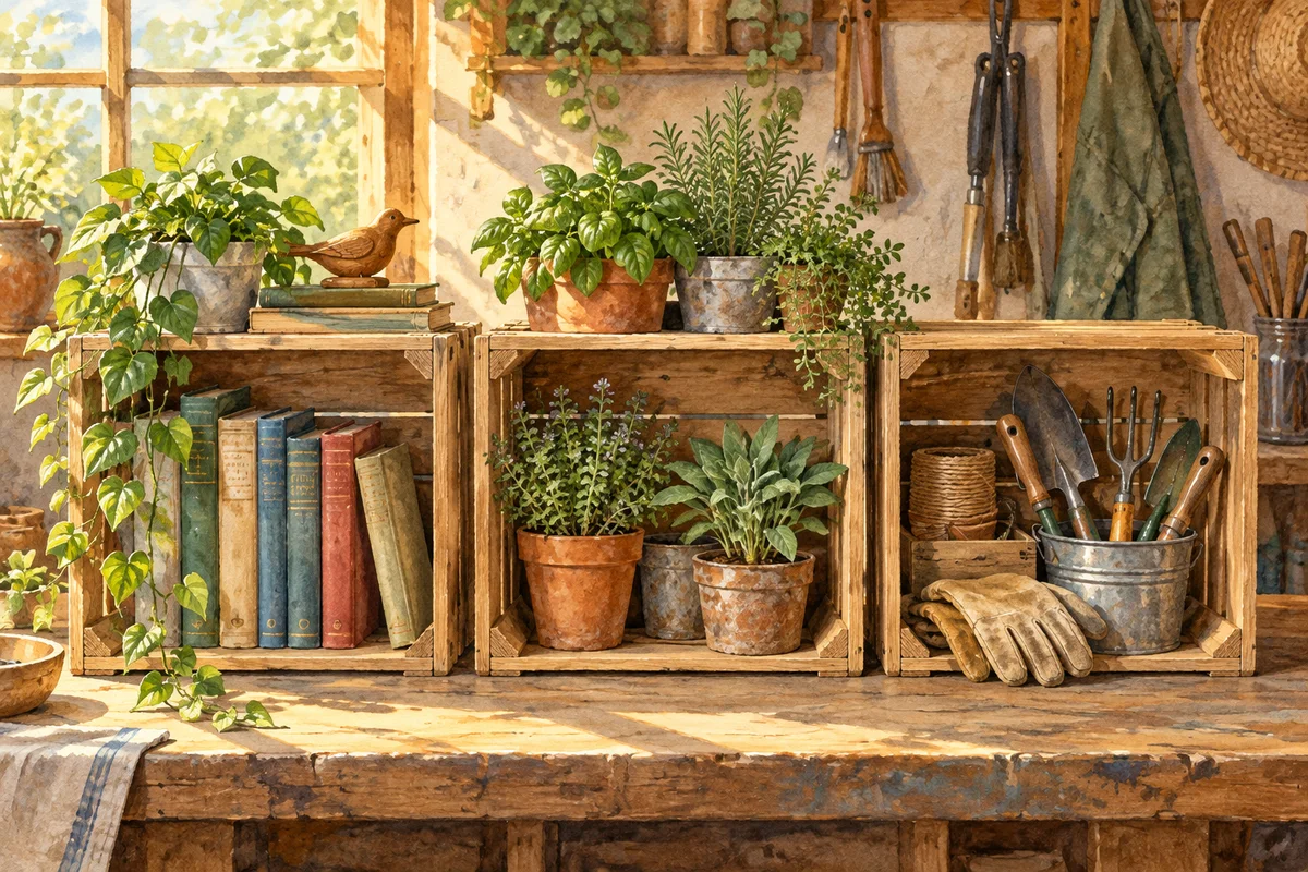 Identical wooden crates used for books, plants and tools.
