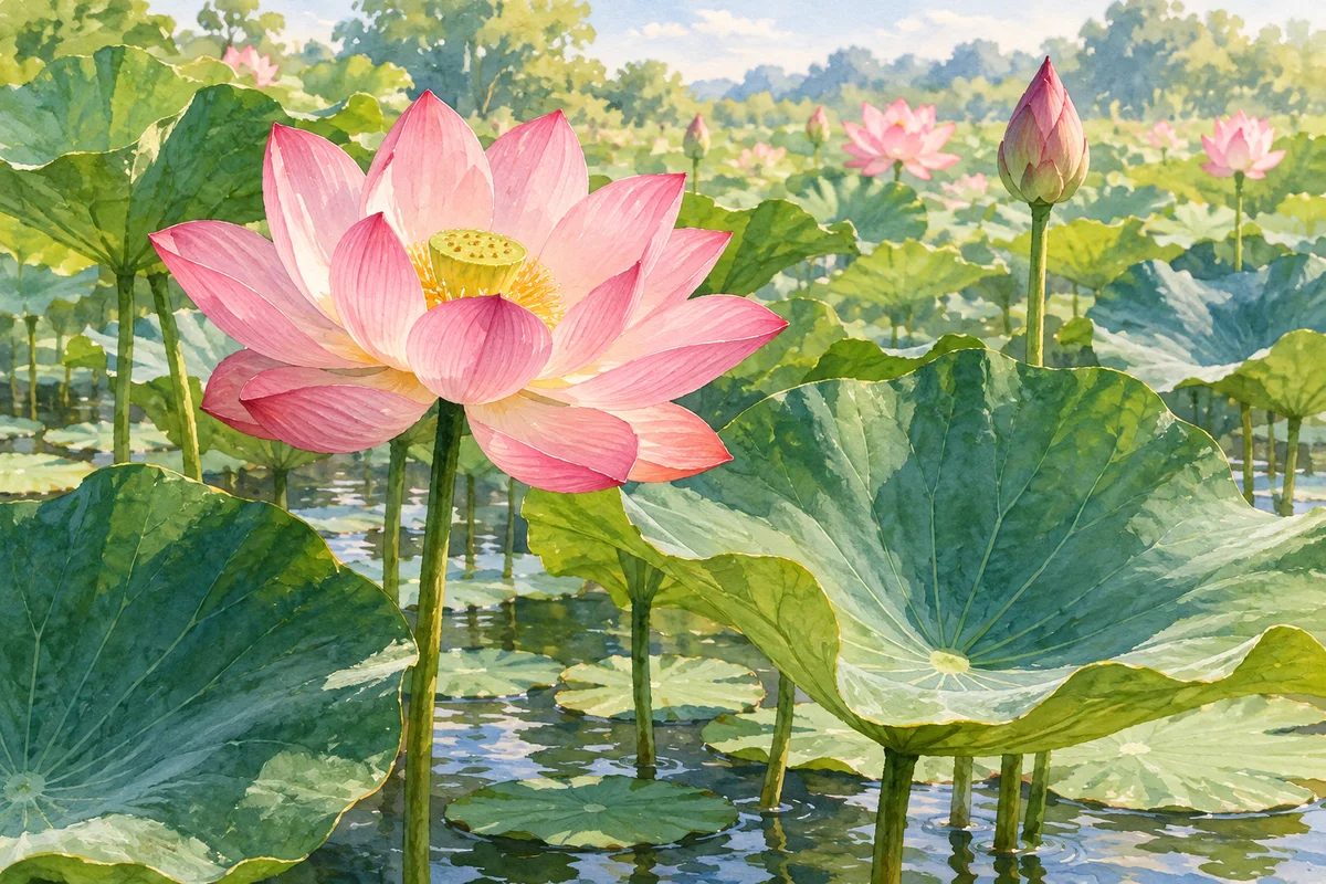 池の水面から茎を伸ばした桃色の蓮と丸い葉。