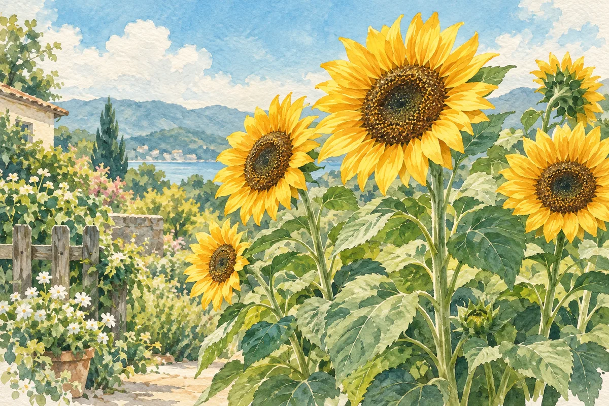 Large yellow sunflowers growing in a summer garden.
