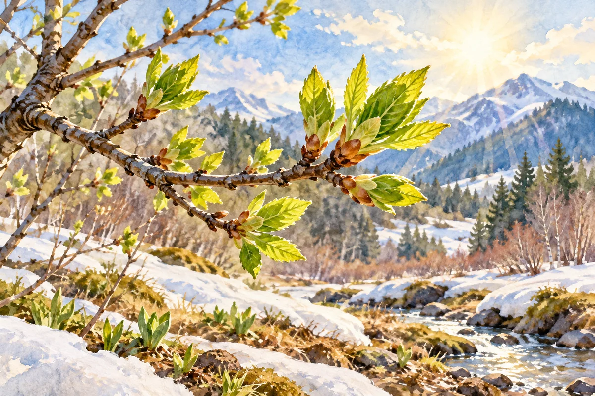 Fresh green buds on a branch above melting snow.