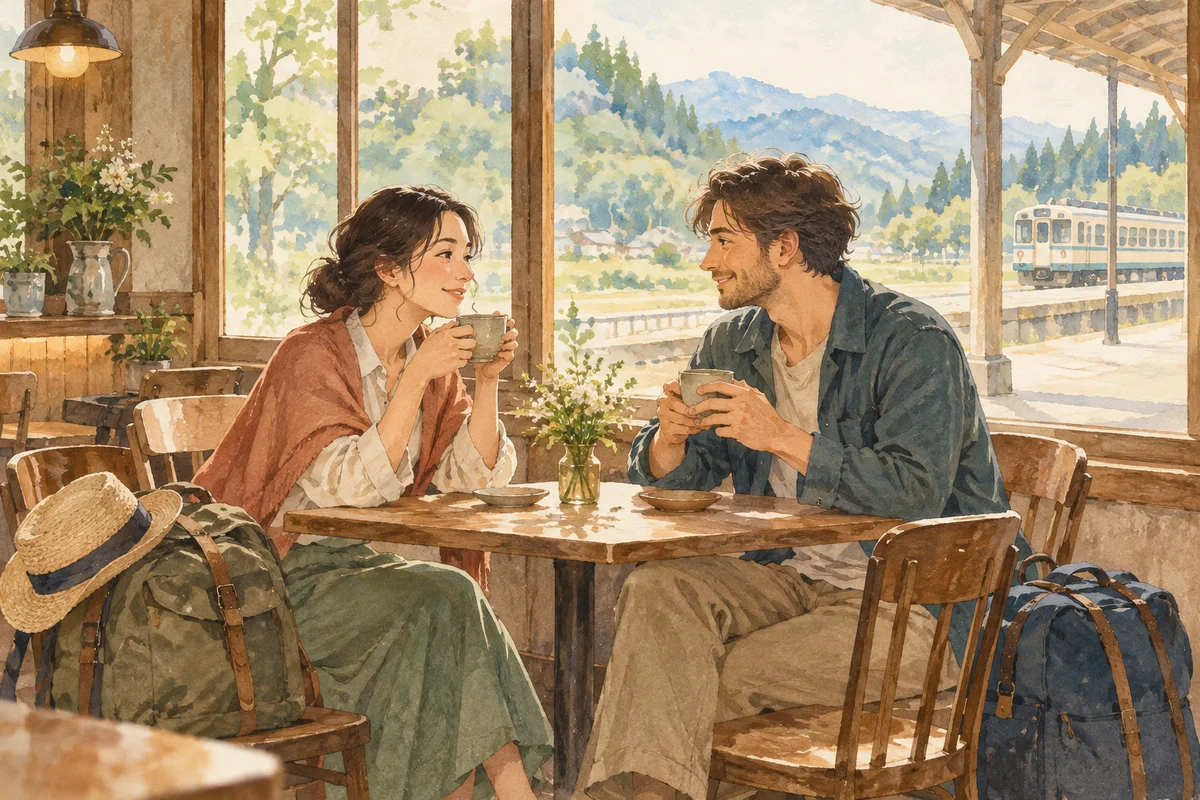 Two travelers give each other their attention over tea at a cafe near a station.
