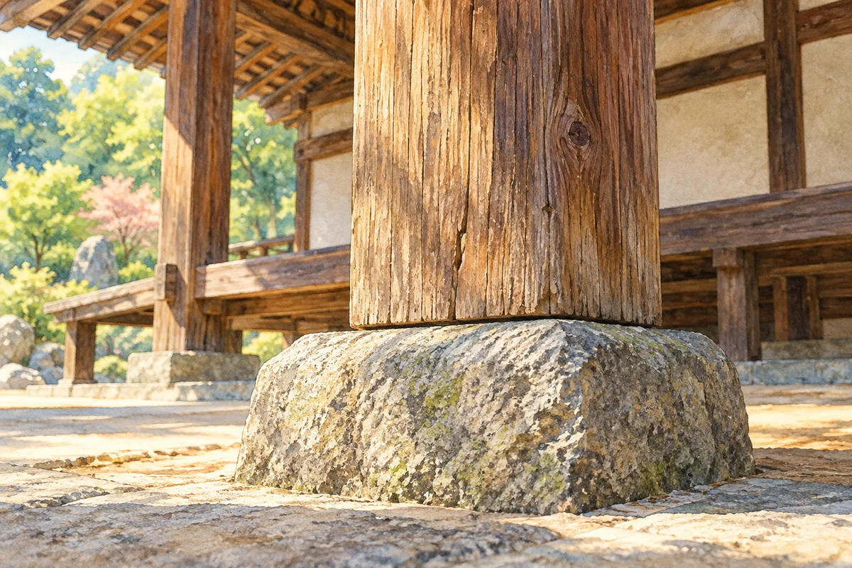 A large foundation stone supporting a traditional wooden pillar.