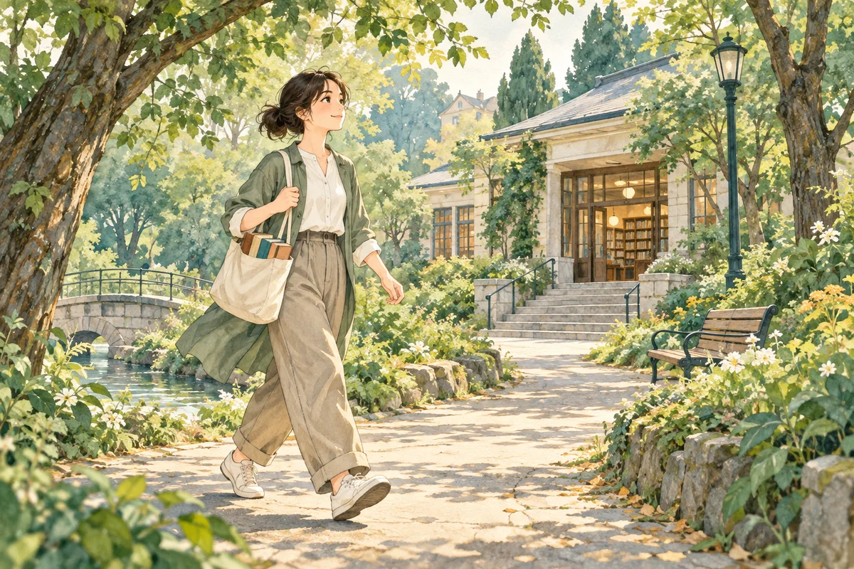 返却する本が入ったバッグを持ち、公園を歩いて図書館へ向かう人。