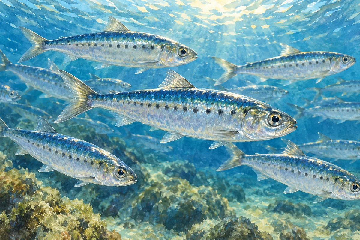 Japanese sardines with dark side spots swimming through blue water.