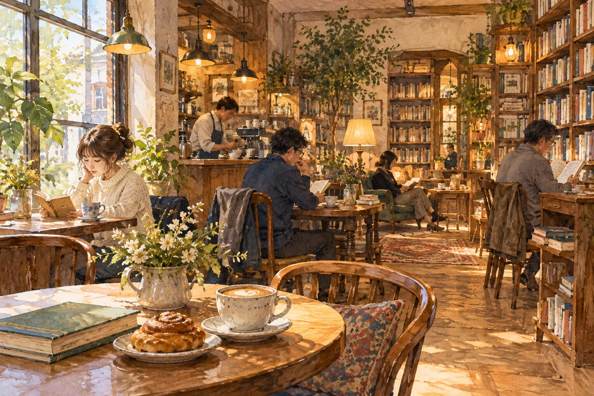 A café with bookshelves and people reading over coffee.