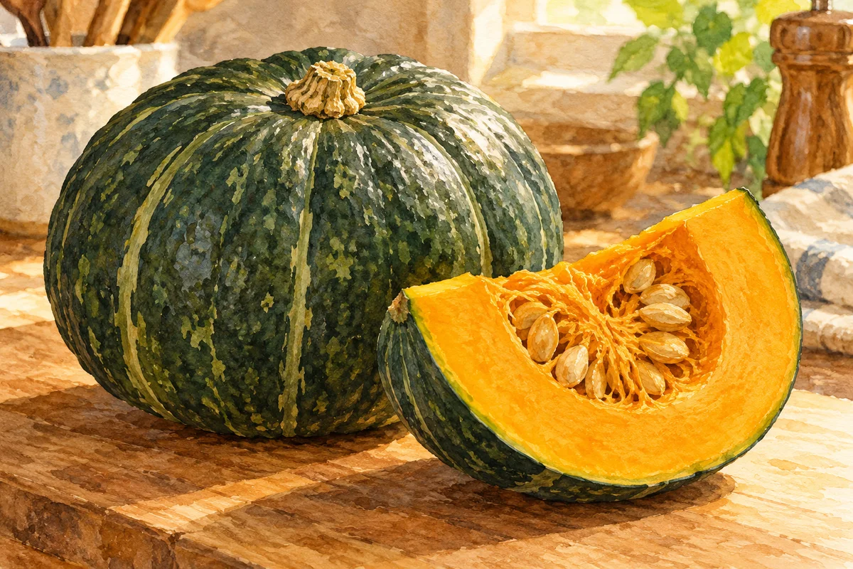 A dark green kabocha squash with a cut wedge showing orange flesh and seeds.