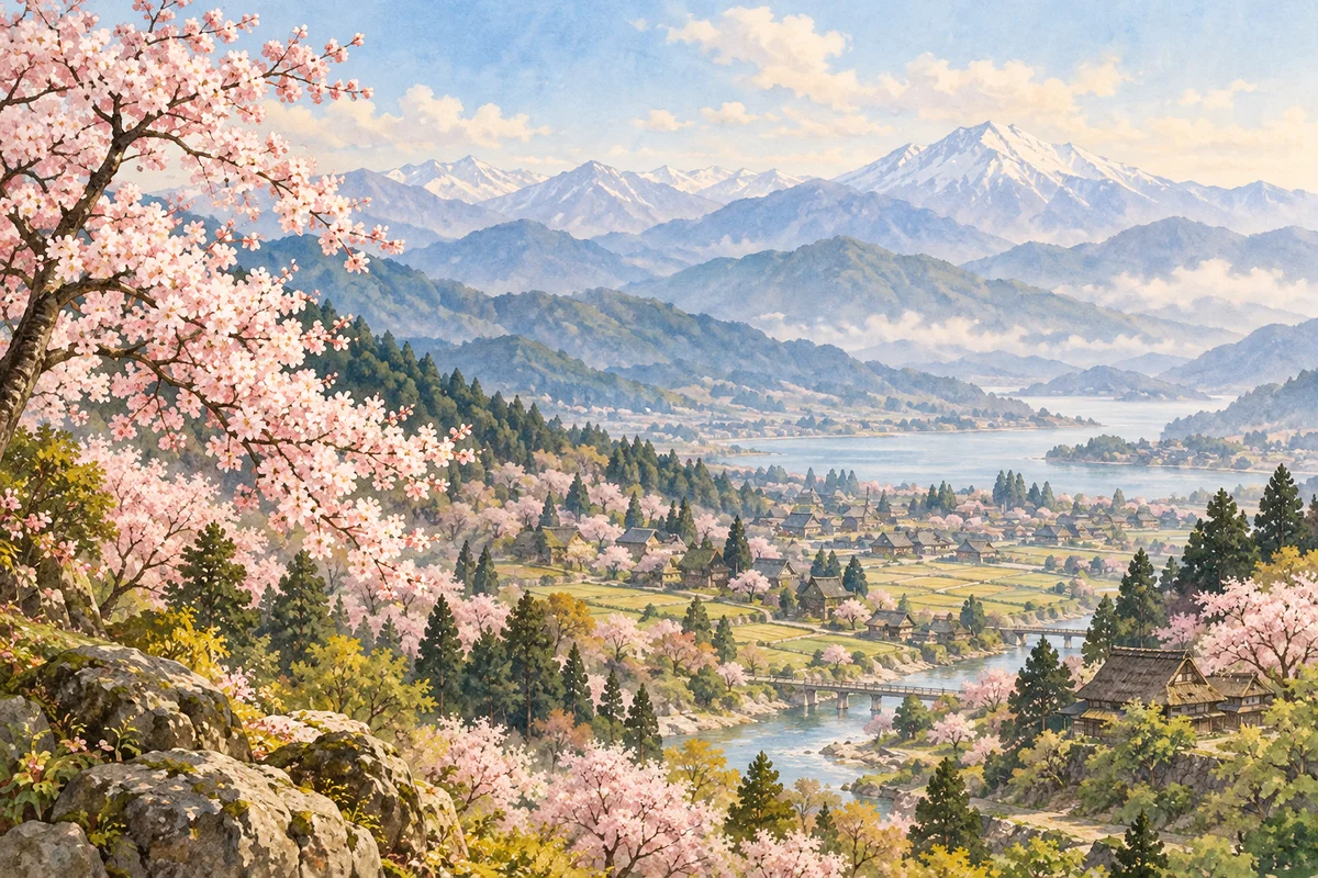 아지랑이처럼 옅은 안개에 감싸인 봄 산과 마을의 수채화.