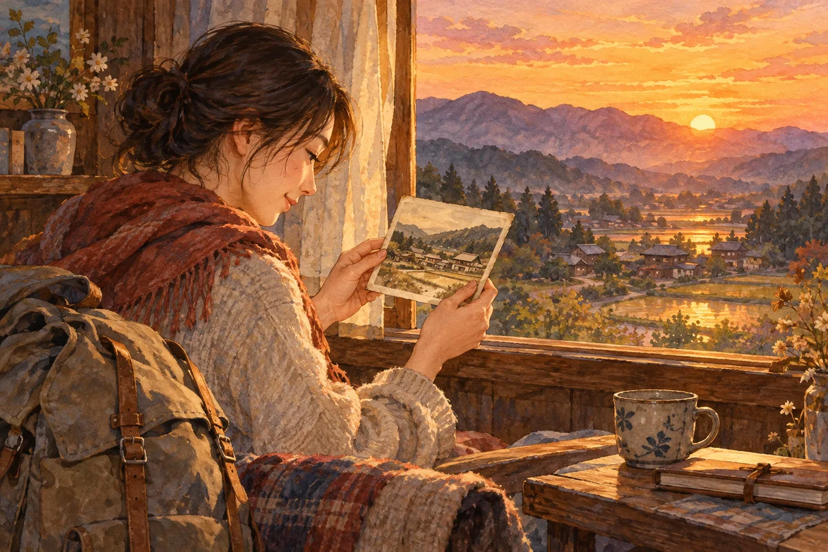 A traveler looking at an old hometown photograph by a window.