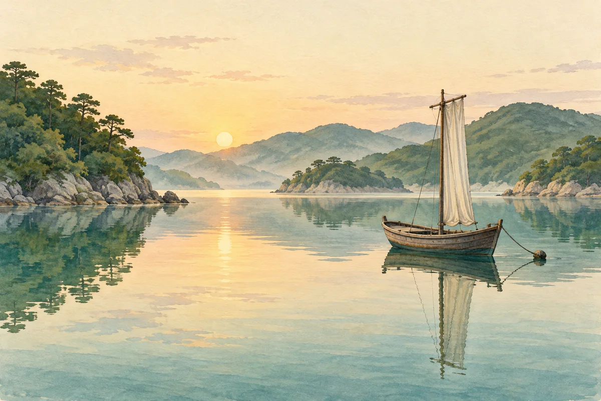 穏やかな海に小舟が浮かび、山や船が水面に映るイラスト。