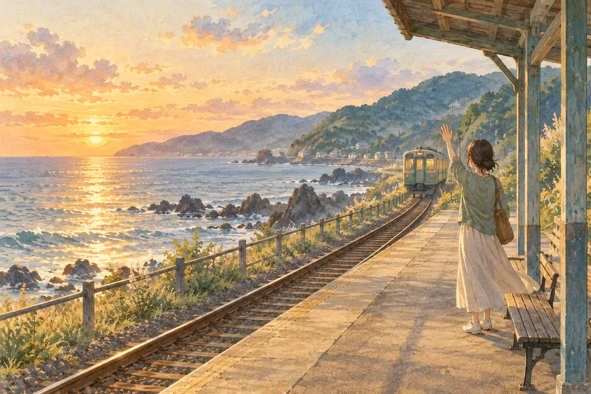 바닷가 역에서 멀어지는 기차에 손을 흔드는 사람의 그림.