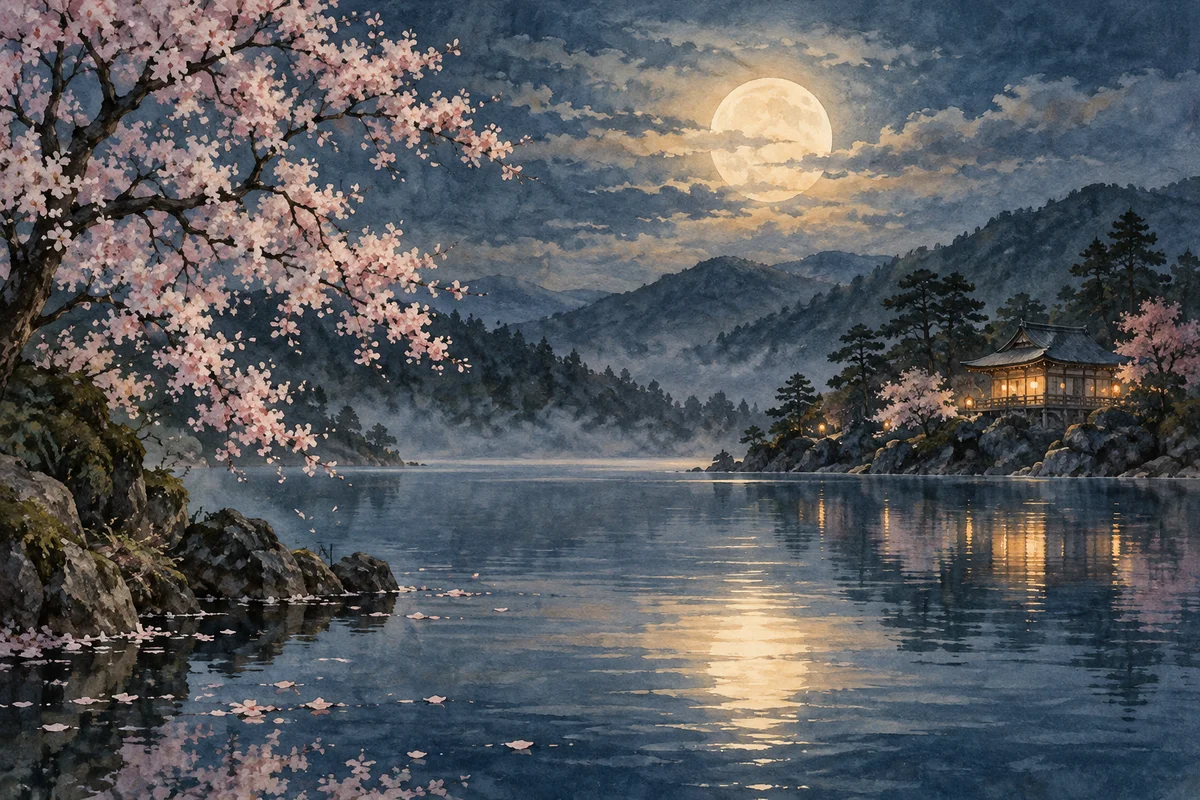 薄い雲にかすむ月と静かな湖の水彩画。