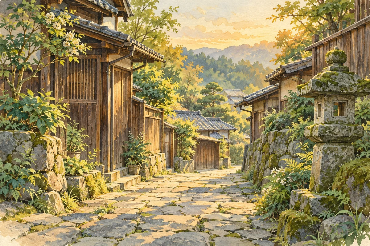 목조 주택과 돌길, 이끼 낀 석등이 저녁 햇빛에 감싸인 그림.