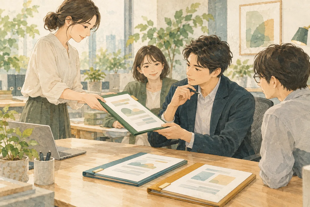 オフィスで提案書の入ったファイルを受け取り、内容を確認する同僚。