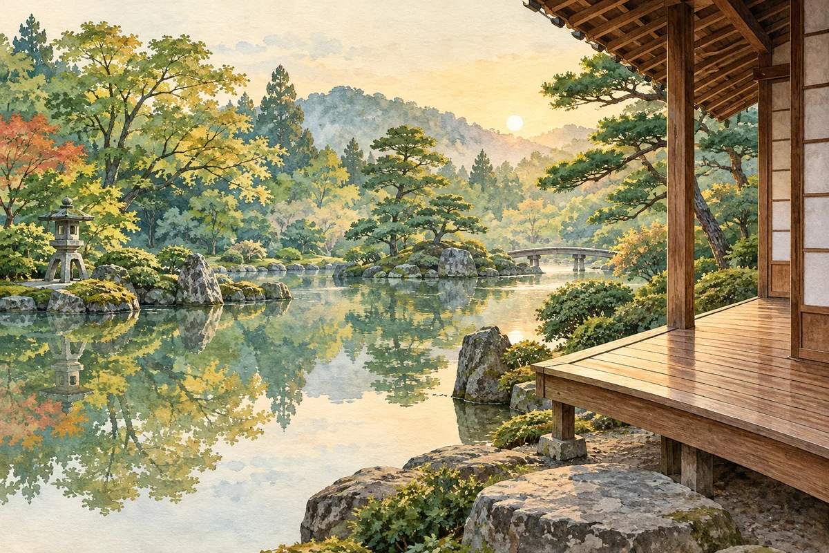 静かな池と木々を望む、朝の日本庭園のイラスト。
