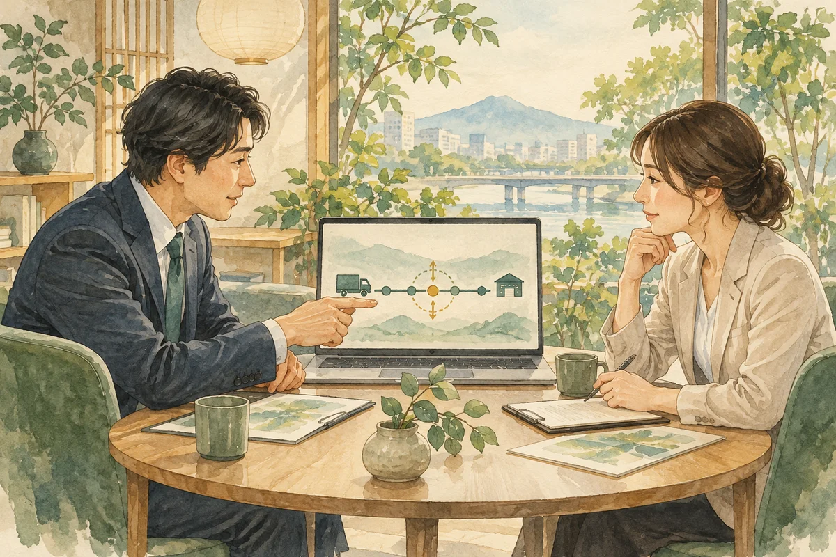会議の机で日程の図を見ながら、条件を落ち着いて話し合う二人の担当者。