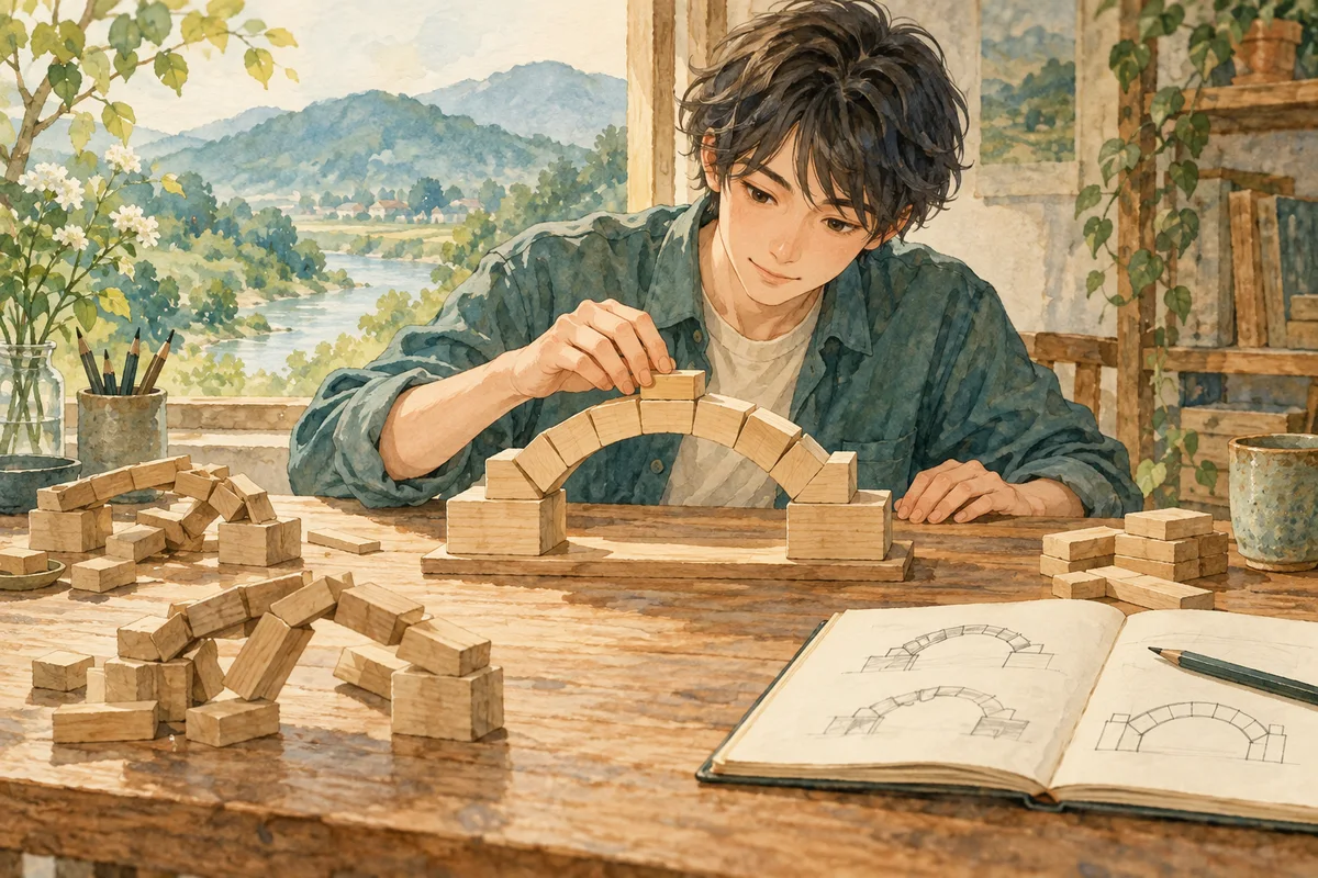 木のブロックで橋を試作し、以前の模型と比べながら調整する人。