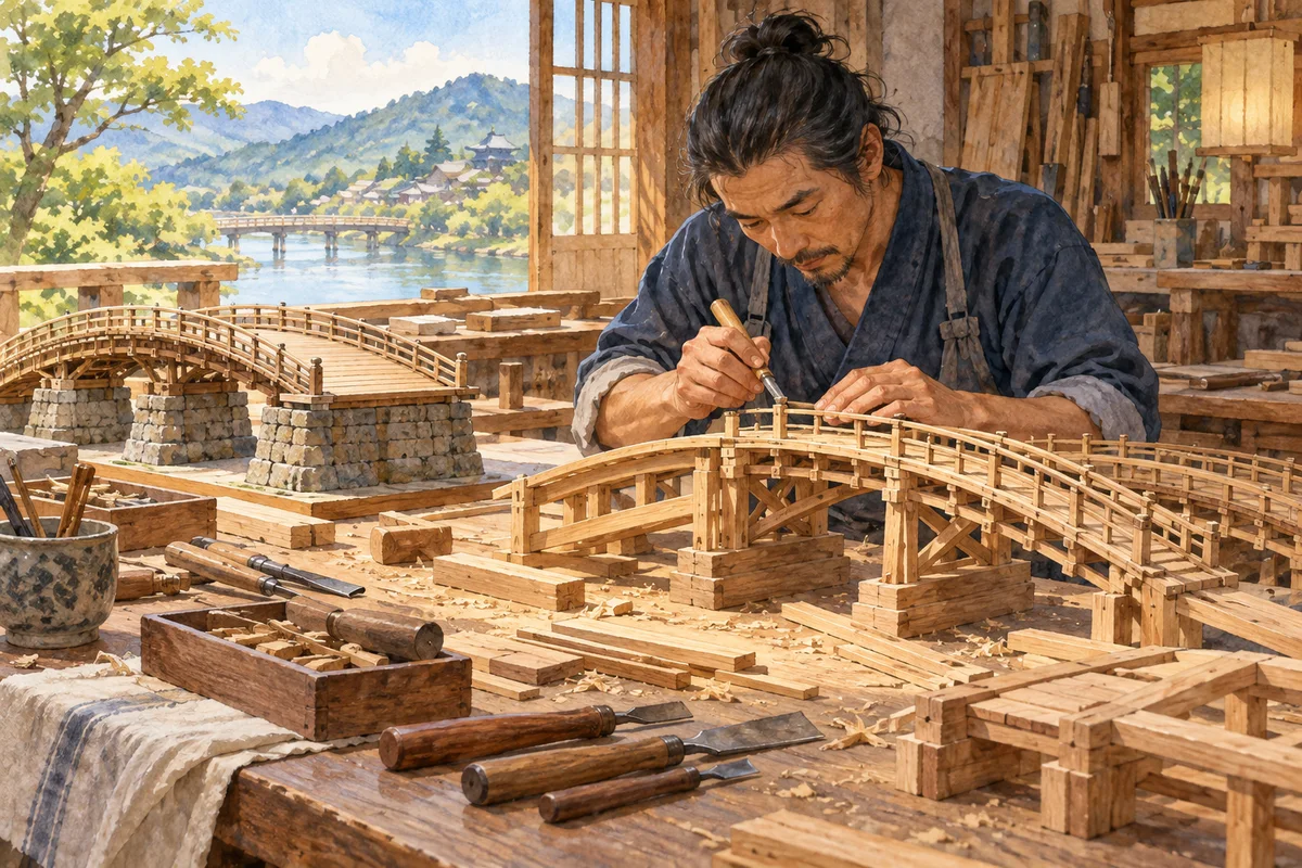 作業台の上で木製の橋の模型を組み立てる人。