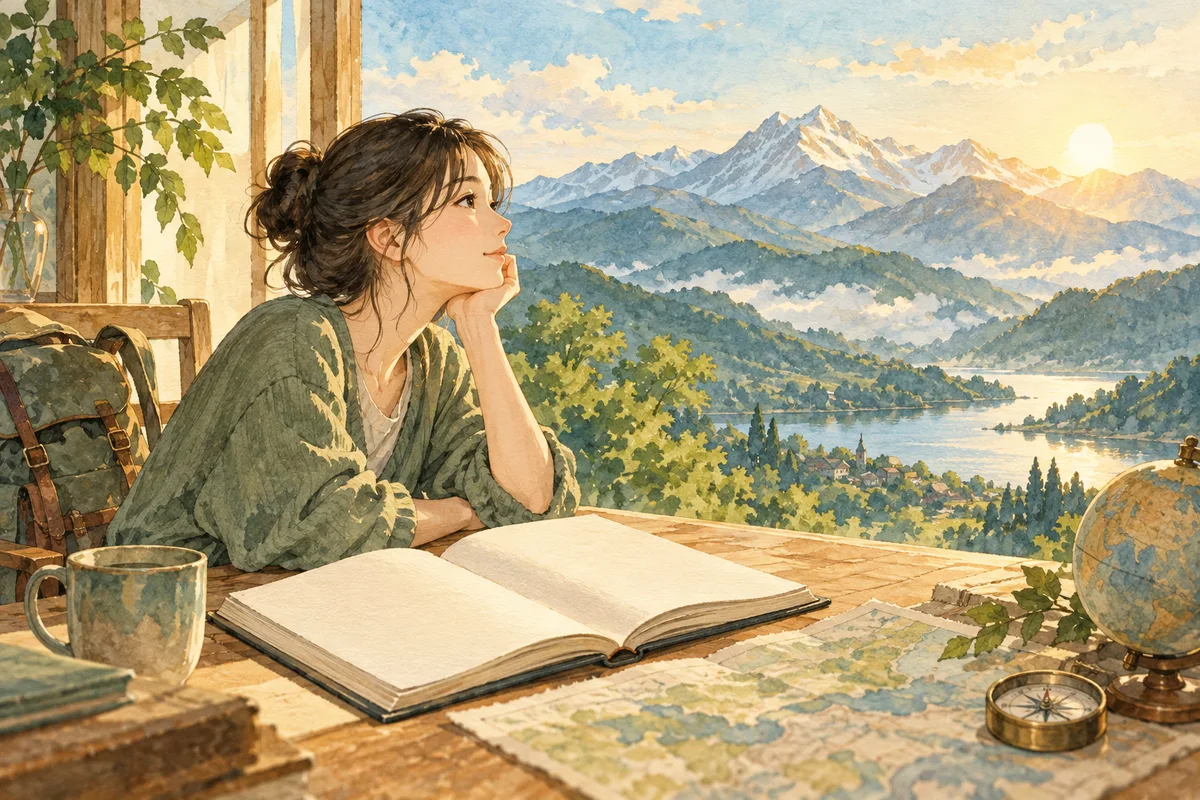 펼친 책 앞에서 먼 산 풍경을 바라보는 독자의 그림.