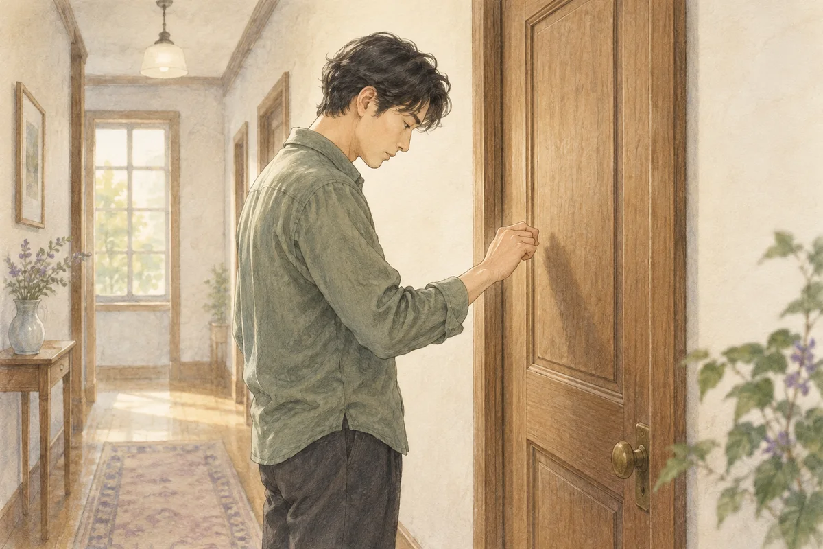 閉じた扉の前で、ノックしようと上げた手を止め、ためらっている男性。