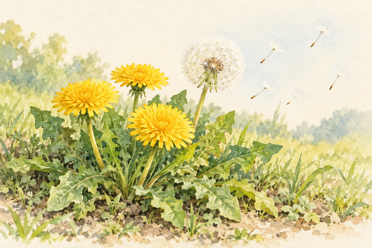 노란 민들레꽃과 하얀 솜털 씨앗이 바람에 날리는 그림.