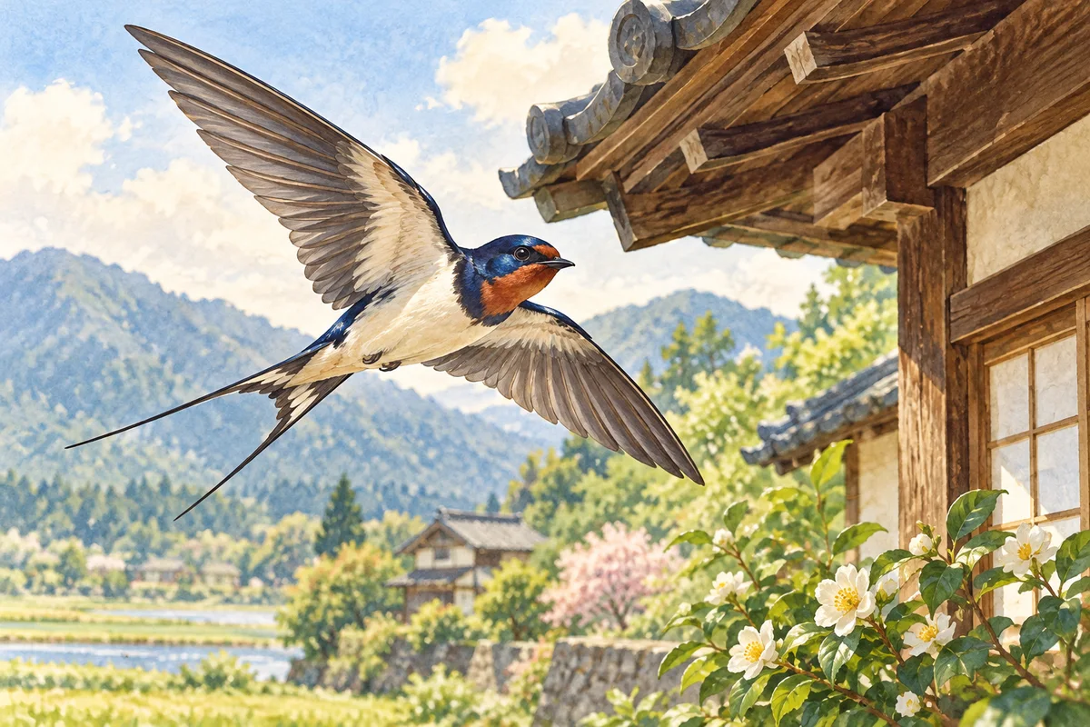 長い二股の尾を持つツバメが軒先を飛ぶ絵。