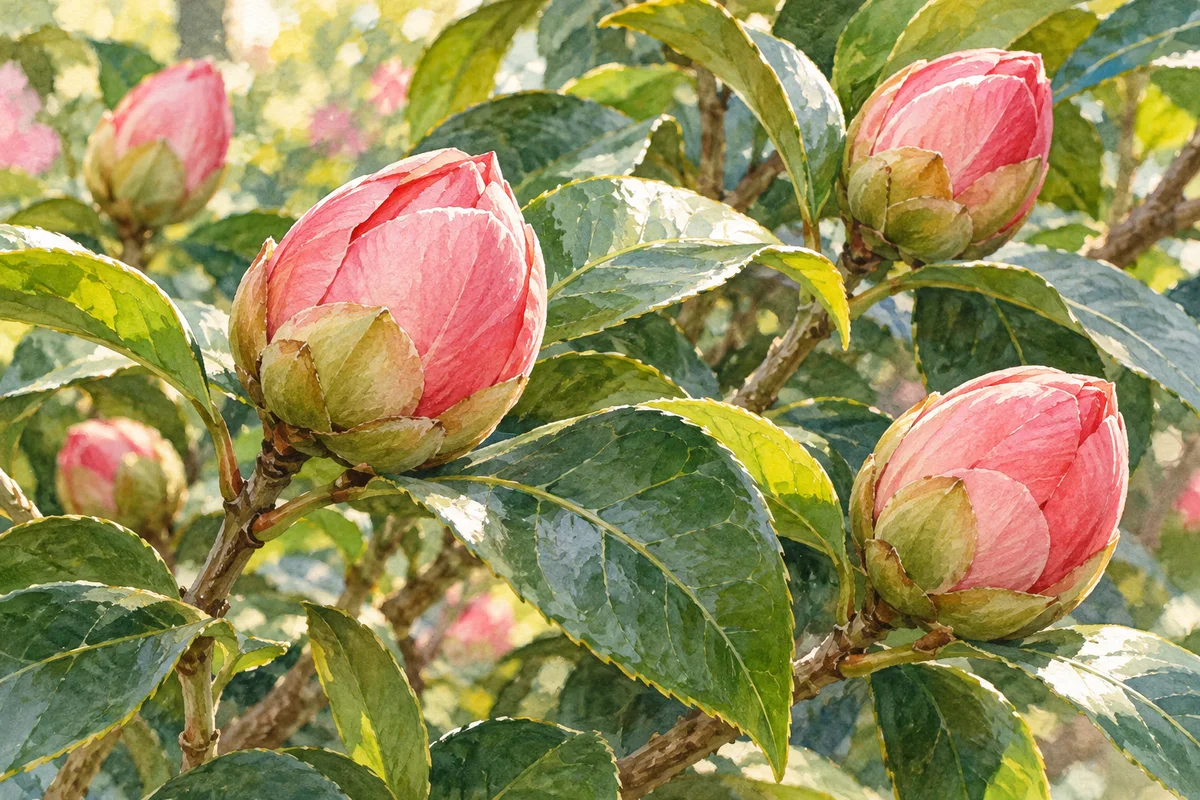 Closed pink flower buds nestled among green leaves.