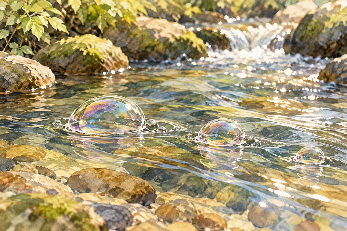 小川の水面に浮かぶ、薄く光る小さな泡。
