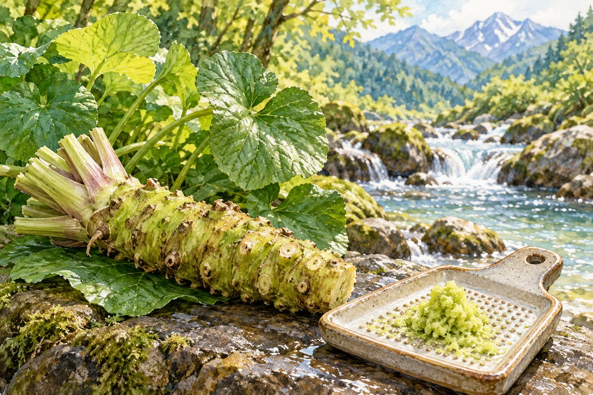 葉のついたワサビの根茎とすりおろした緑の薬味。
