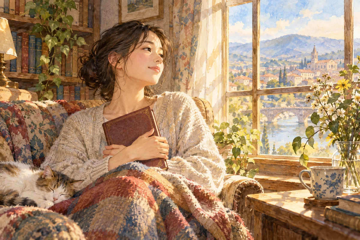 本を閉じ、窓辺で物思いにふける読者。