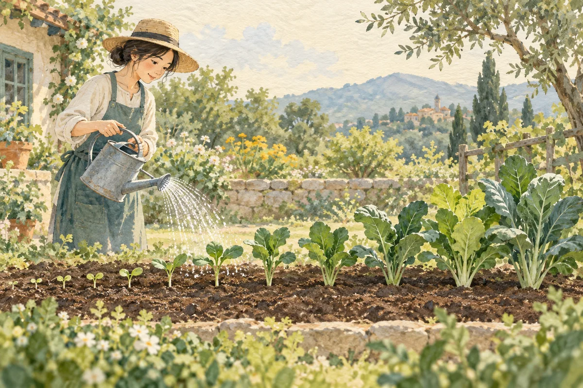 Plants of increasing size illustrate gradual growth in a garden bed.